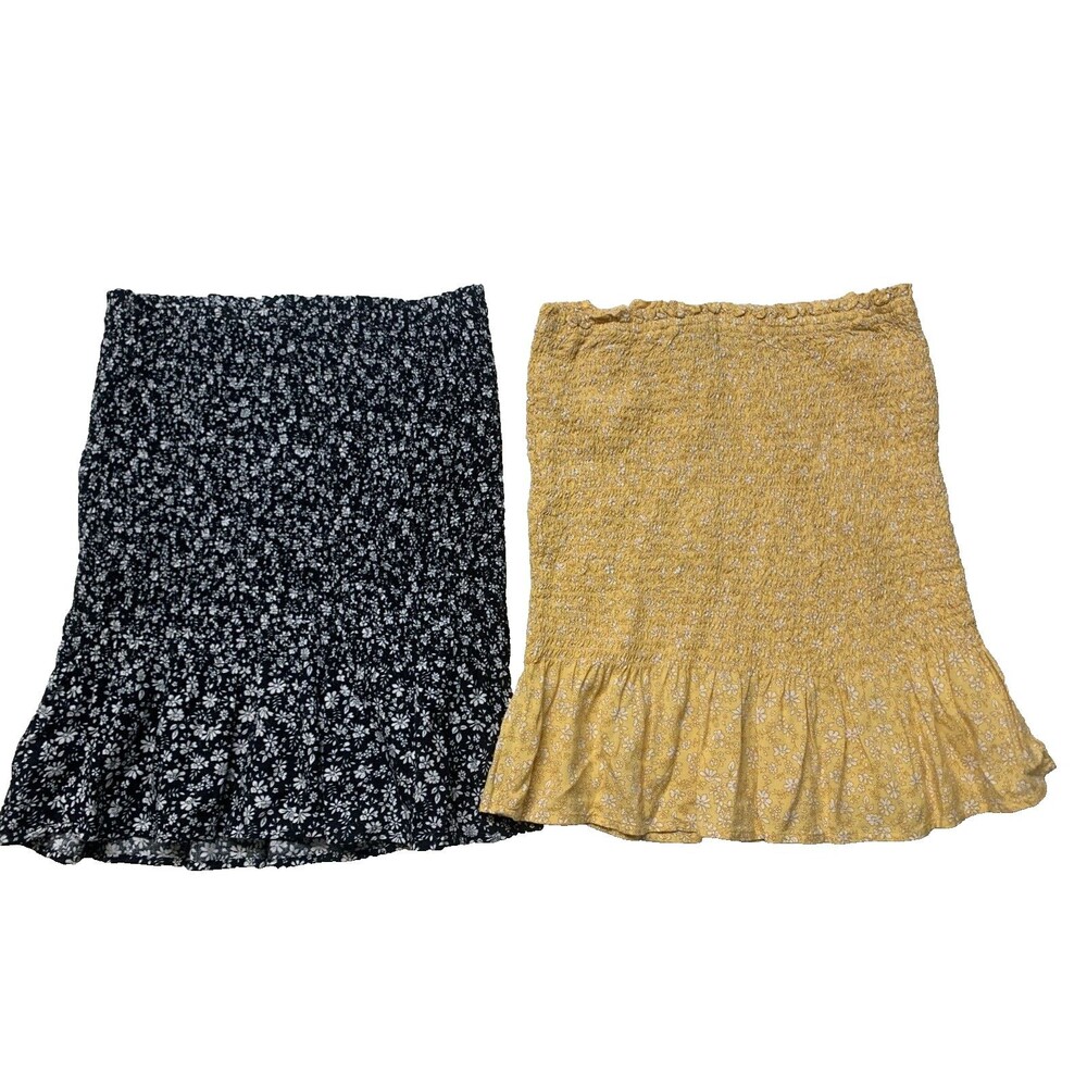 2 Hollister Skirts Women's Size XS Blue + Yellow Smocked Stretch Ruffle Pencil
